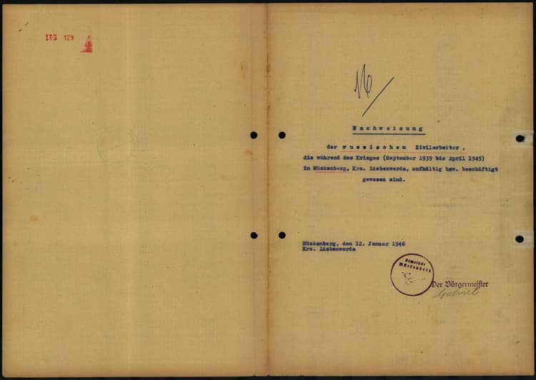 Arolsen Archives — титульный лист ведомости Мюккенберга, подпись бургомистра Gabriel
