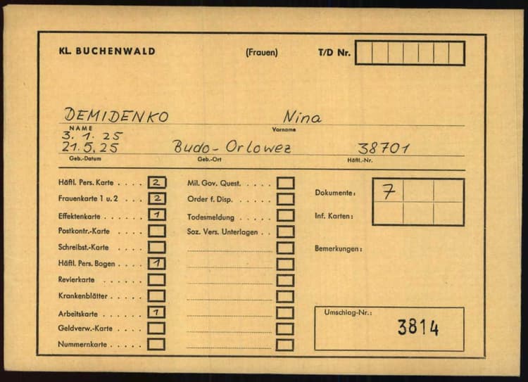 Arolsen Archives — обложка личного дела Нины Демиденко, KL Buchenwald