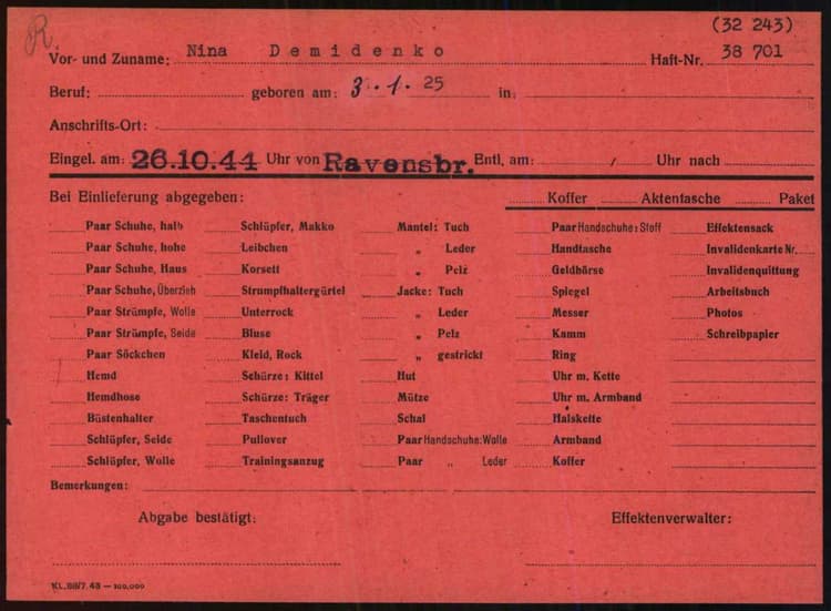Arolsen Archives — эффектенкарта Нины Демиденко, карточка личных вещей