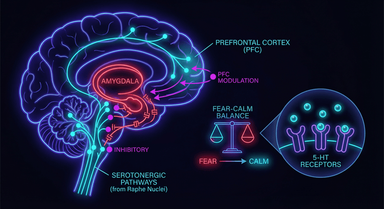 Amygdala with serotonin braking system showing how HTR1A CC disrupts the inhibitory feedback loop