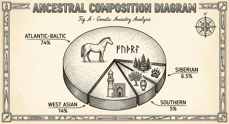 Предковые компоненты по модели K7b: 74.13% Atlantic Baltic, 14.32% West Asian, 6.51% Siberian, 5.04% Southern