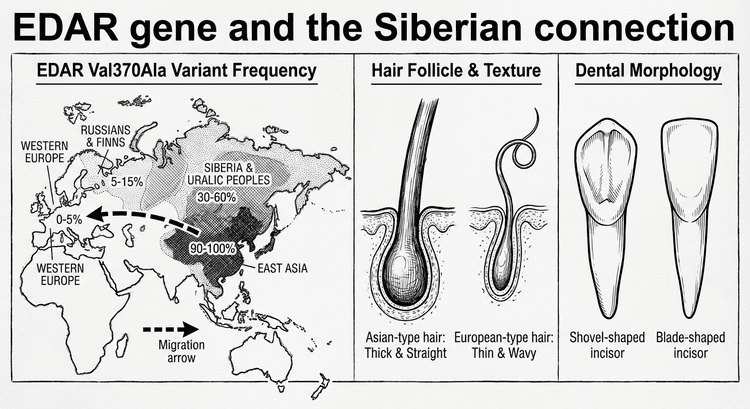 EDAR Val370Ala частоты и эффекты: карта распространения, толщина волос, форма зубов
