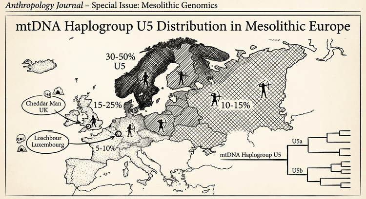 Карта распространения мтДНК U5 в Европе с частотами по регионам