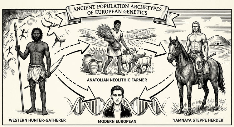 Три предковых компонента европейца: западный охотник-собиратель, анатолийский земледелец и ямный степняк