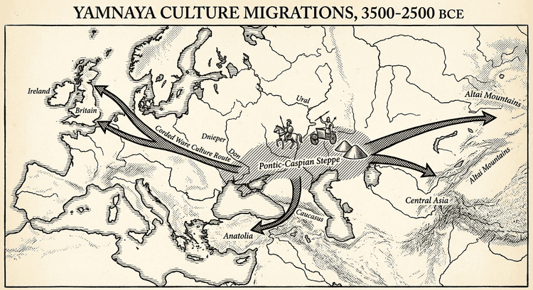 Карта миграций степных культур - R1a и R1b ветви из Понтийско-Каспийских степей