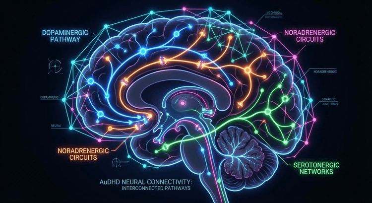 Neural pathways in the AuDHD brain showing interconnected dopaminergic, noradrenergic, and serotonergic circuits