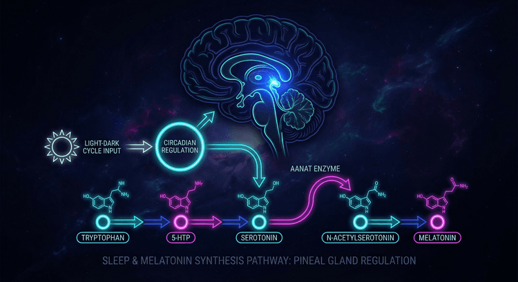 Путь синтеза мелатонина - от триптофана через серотонин к мелатонину в шишковидной железе