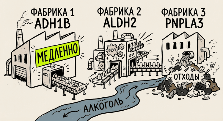 Три фабрики алкогольного метаболизма: ADH1B, ALDH2, PNPLA3