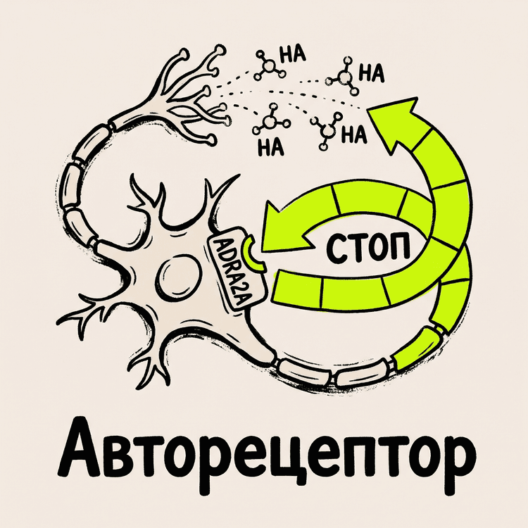 Петля авторегуляции: нейрон, выпустивший норадреналин, получает сигнал остановиться через ADRA2A