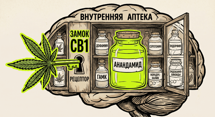 Мозг как внутренняя аптека с CB1-рецептором-замком и анандамидом-ключом