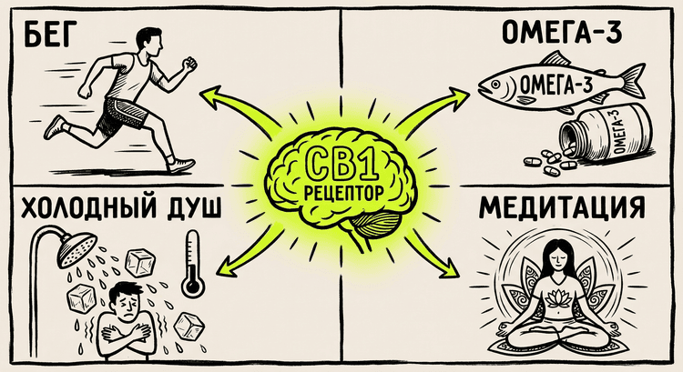 Коллаж: бег, рыба, холодный душ, медитация - инструменты для CB1