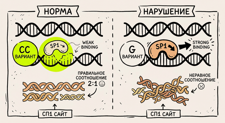 Сайт связывания Sp1 в промоторе COL1A1: CC норма vs G нарушение соотношения цепей