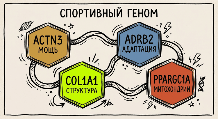 Карта спортивного профиля: ACTN3, ADRB2, COL1A1, PPARGC1A - связанные между собой