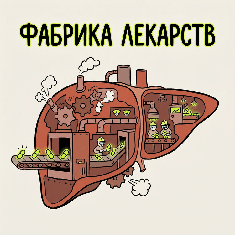 Печень перерабатывает таблетки на фабрике