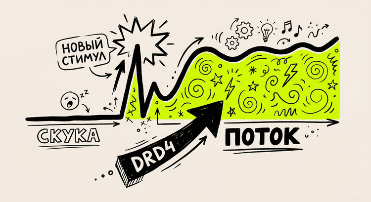 График: скука → новый стимул → поток, DRD4 управляет переключением