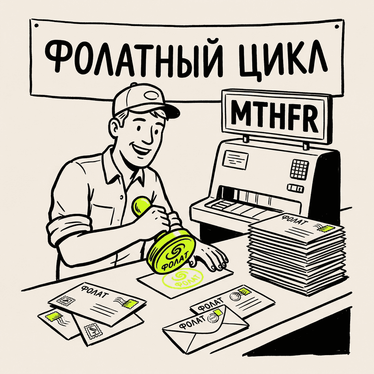 Фолатный цикл как почтовое отделение с маркой MTHFR