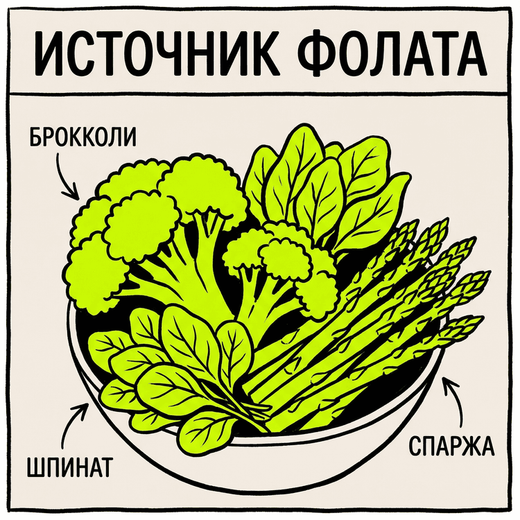 Брокколи, шпинат, спаржа - основные источники фолата