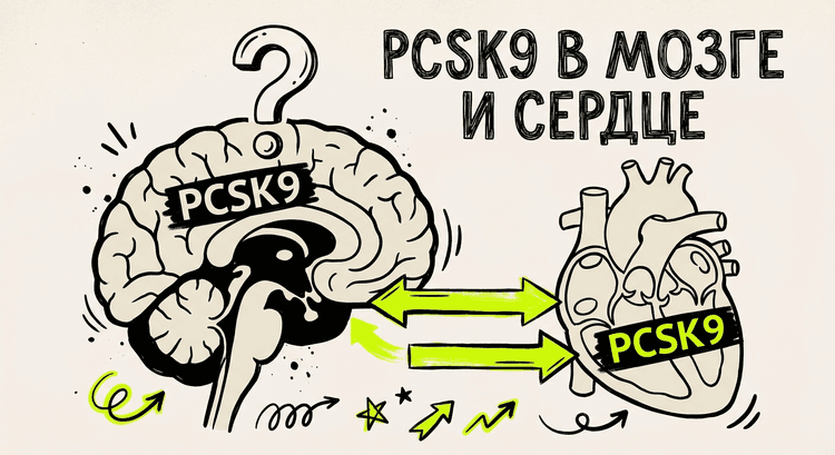 Связь PCSK9 с сердцем и мозгом, двойная стрелка с лаймовым акцентом