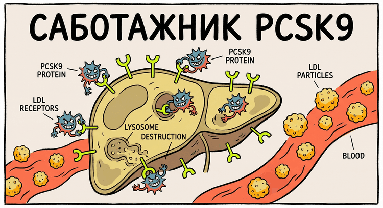 Печёночная клетка с LDL-рецептором и PCSK9 как саботажником
