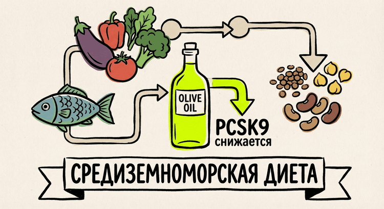 Средиземноморская диета снижает PCSK9: оливковое масло, рыба, овощи