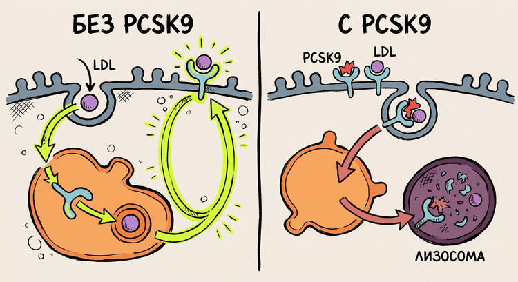 Цикл LDL-рецептора: нормальный (переработка) vs PCSK9-саботаж (уничтожение)