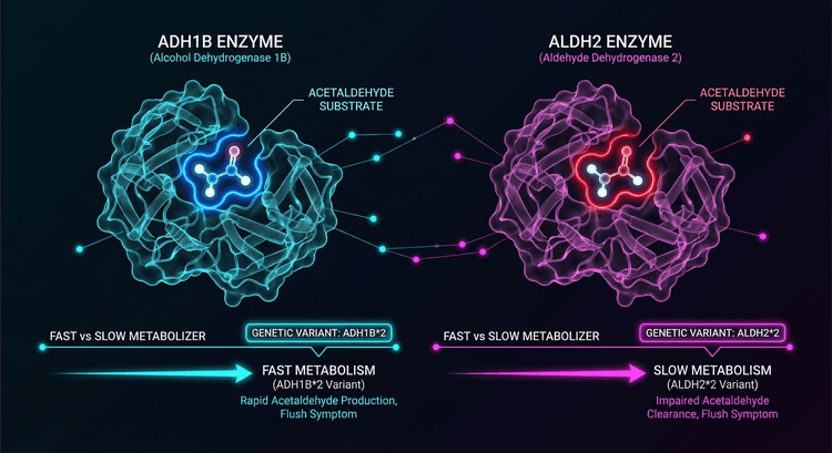Comparison of ADH1B and ALDH2 enzyme variants and their effects on alcohol processing