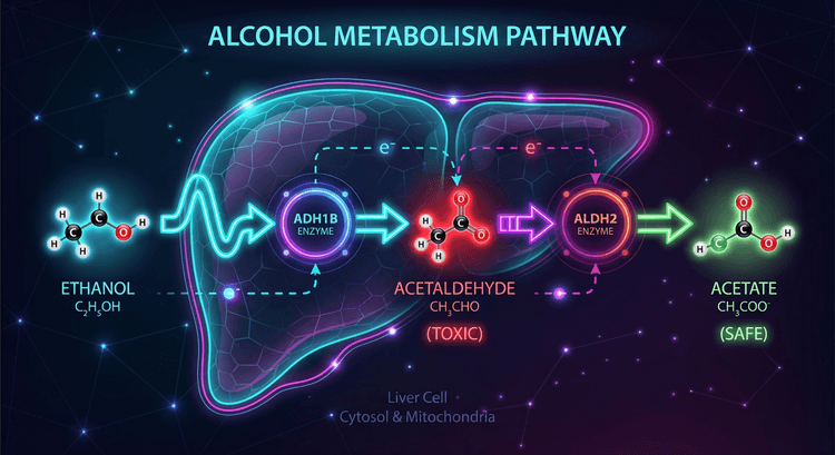 Alcohol metabolism pathway showing ethanol conversion to acetaldehyde and then to acetate