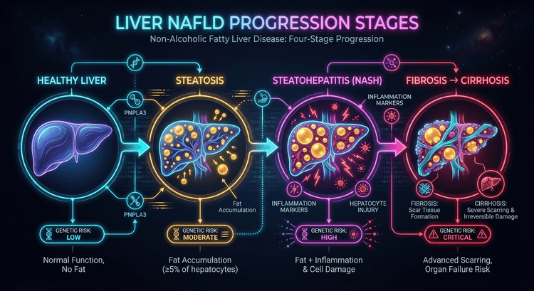 Progression stages of non-alcoholic fatty liver disease from steatosis to cirrhosis