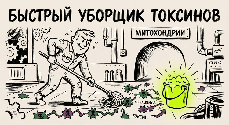 ALDH2 быстро утилизирует токсичный ацетальдегид в митохондриях печени