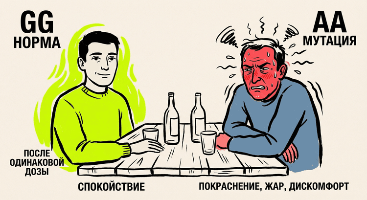 Сравнение эффектов нормального и мутантного ALDH2 после употребления алкоголя